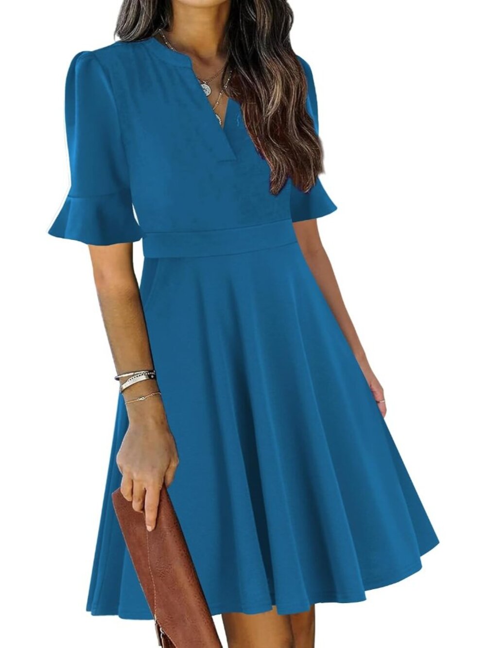 Women's Blue Summer Fit And Flare Knee Length V Neck Short Sleeve Guest Dress